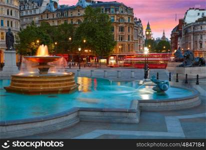 London Trafalgar Square fountain at sunset England