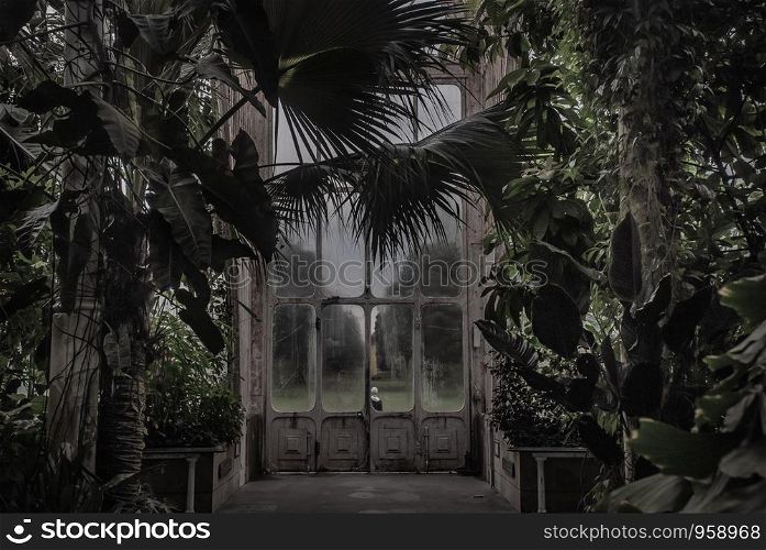 London, UK - Apr 9, 2019 : Beautiful exit door of Palm House at Kew Gardens (Royal Botanic Gardens).