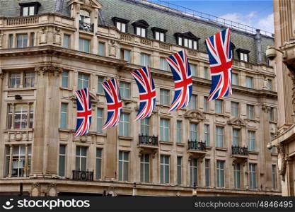 London UK flags in Oxford Street W1 Westminster England