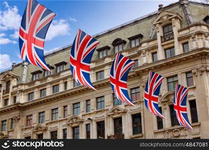 London UK flags in Oxford Street W1 Westminster England