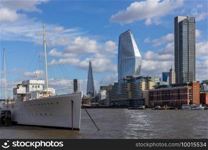 LONDON, UK - MARCH 11   HMS Wellington moored on the River Thames in London on March 11, 2019