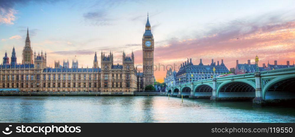 London, UK panorama. Big Ben in Westminster Palace on River Thames at beautiful sunset.. London, UK panorama. Big Ben in Westminster Palace on River Thames at sunset
