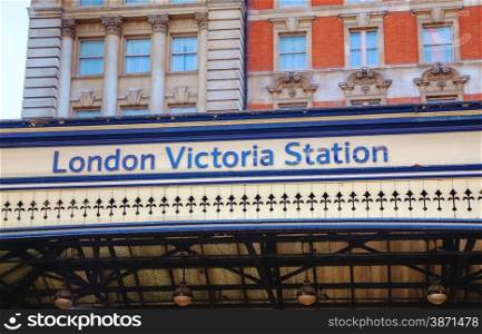 London Victoria station sign in London, UK