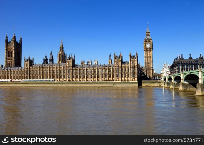 London view, Big Ben, Parliament, bridge and river Thames