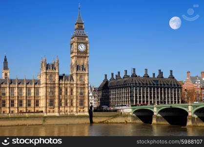 London view, Big Ben, Parliament, bridge and river Thames