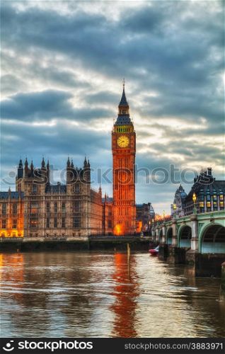 London with the Elizabeth Tower and Houses of Parliament at sunset