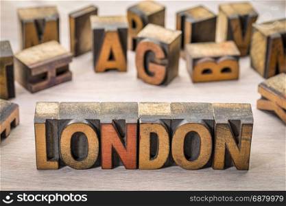 London word abstract in vintage letterpress wood type printing blocks