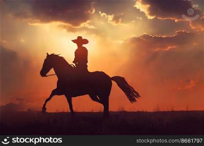Lone cowboy at sunset, End of a cowboy film design 3d illustrated