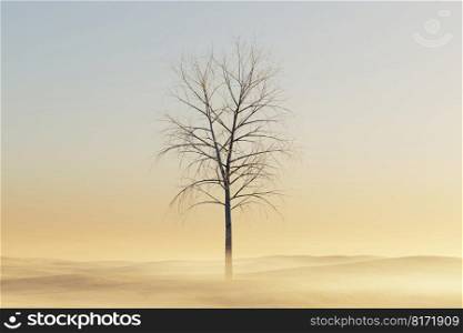 Lone leafless tree on foggy terrain. 3d Render