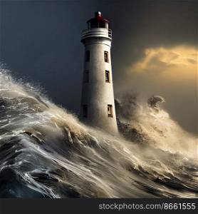 Lone lighthouse against the strong waves 3d illustrated