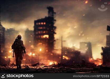 Lone soldier walking in destroyed city, war or natural disaster concept. Lone soldier walking in destroyed city