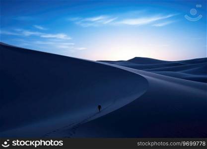 Lone traveler in a desolate landscape amidst swirling sand dunes.