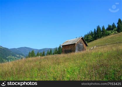Lonely abandoned house in the Carpathian mountains in Verkhovyna, Ukraine