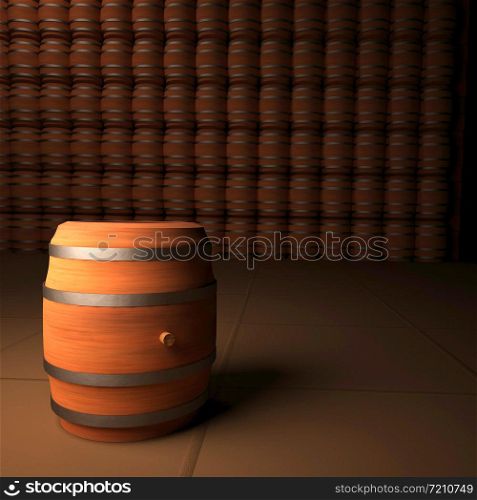 Lonely barrel with wall of barrles on the back, 3D rendering