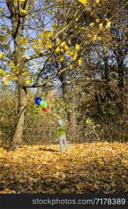 lonely boy walking in the Park during Indian summer, autumn weather Sunny day, in the hands of the boy balloons and festive time. boy walking in the Park