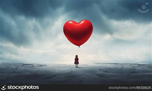 Lonely Child with Heart-Shaped Red Balloon. Generative ai. High quality illustration. Lonely Child with Heart-Shaped Red Balloon. Generative ai