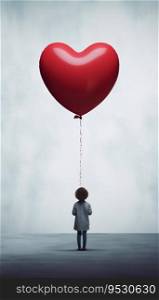 Lonely Child with Heart-Shaped Red Balloon. Generative ai. High quality illustration. Lonely Child with Heart-Shaped Red Balloon. Generative ai