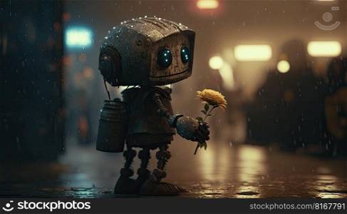 Lonely homeless robot holding a rose from his lover under a rainy night. Generative AI