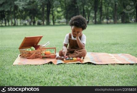 Lonely little African kid boy playing xylophone toys alone and hands on chin with boring face at park and sitting on mat with picnic basket on weekend