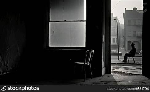 Lonely man sitting by himself, monochrome illustration