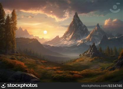 Lonely mountain landscape. Grass travel sunrise. Generate Ai. Lonely mountain landscape. Generate Ai