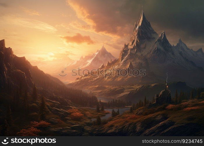 Lonely mountain landscape sunset. Scenic water. Generate Ai. Lonely mountain landscape sunset. Generate Ai