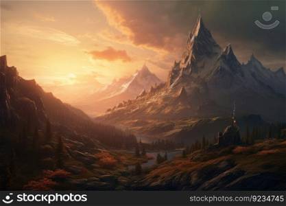 Lonely mountain landscape sunset. Scenic water. Generate Ai. Lonely mountain landscape sunset. Generate Ai