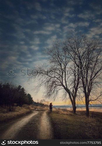 Lonely nomad person walking a country road. Moody and calm evening scene. Wanderer silhouette on trail. Cold season idyllic rural landscape with leafless trees and dry grass