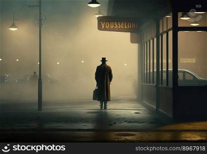 Lonely person walking along night city street created by generative AI