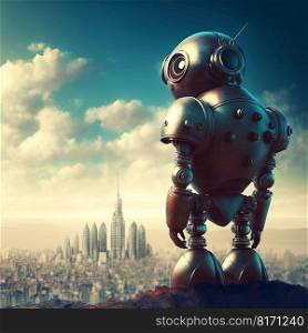 Lonely robot looking at the city far away on the horizon. Retro futuristic robot or androing on the cliff. Generative AI