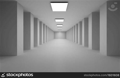 Long 3D passage with flat white lights  on ceiling and many columns