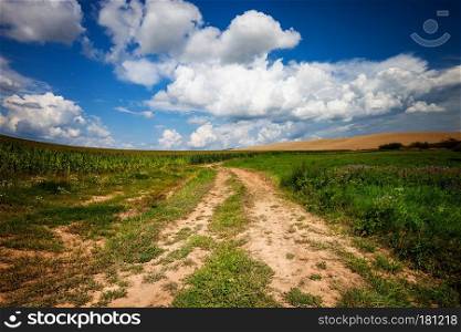 Long and winding rural road crosses the hills and fields. Panoramic countryside view. Long and winding rural road crosses the hills and fields
