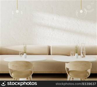 Long beige sofa in cafe interior with coffee tables and chairs, empty white stone wall, 3d rendering