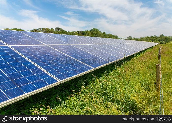 Long diagonal row of blue solar panels in Holland