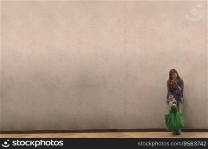 Long distance shot of an Indian woman using mobile phone against wall