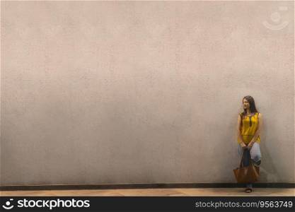Long distance shot of an Indian woman with bag standing against wall