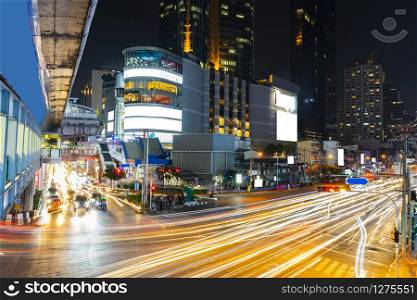 Long exposure car&rsquo;s light in night scene of Bangkok Thailand.