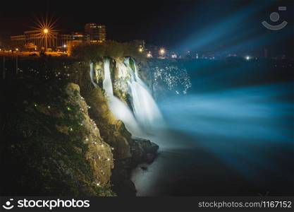 Long exposure in Antalya Duden waterfall at night. Duden Waterfall Antalya