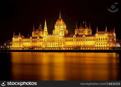 Long exposure night picture from beautiful, famous parliament from Budapest, capital of Hungary