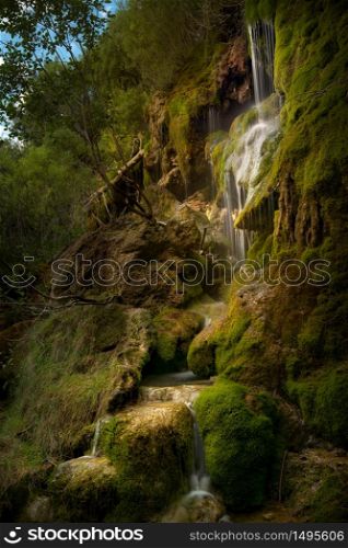 Long exposure of a cascade in source of River Cuervo, in Cuenca, Castilla la Mancha, Spain.