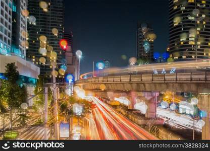 Long exposure of traffic and building at night ,bangkok thailand