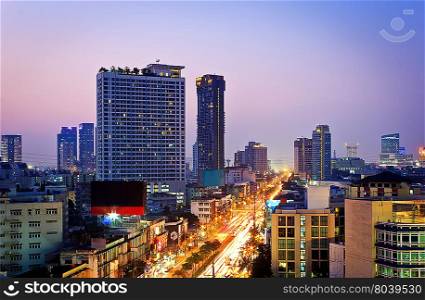 Long exposure photo to twilight cityscape, Bangkok Thailand