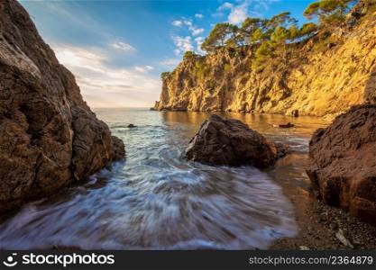 Long exposure picture from a Spanish Costa Brava in a sunny day, near the town Palamos