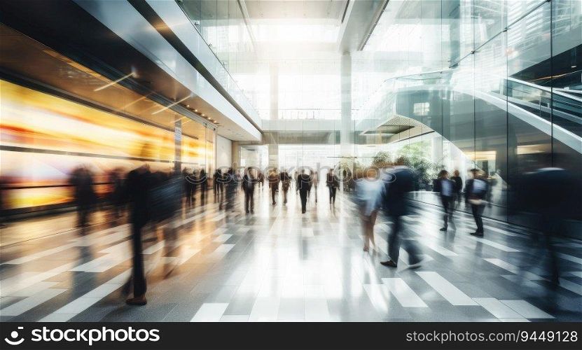 Long exposure shot of crowd of business people walking in bright office lobby, digital ai.