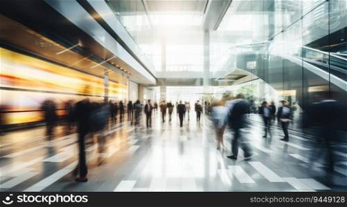 Long exposure shot of crowd of business people walking in bright office lobby, digital ai.