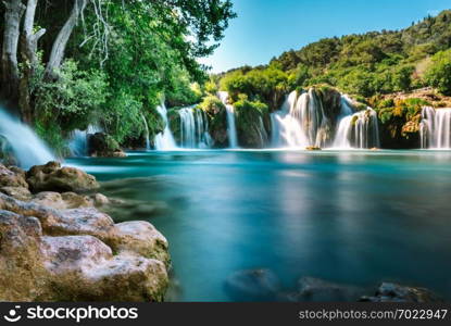 Long Exposure View of waterfall Skradinski Buk in Krka National Park ,one of the Croatian national parks in Sibenik,Croatia.. Krka National Park in Sibenik,Croatia