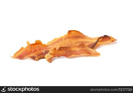 long fried strip of bacon isolated on white background