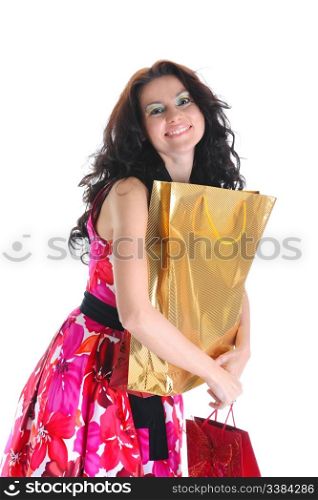long-haired beautiful girl with shopping bags. Isolated on white background