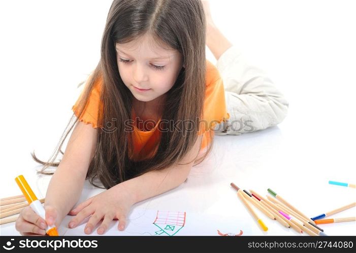 Long-haired girl draws a house. Isolated on white background