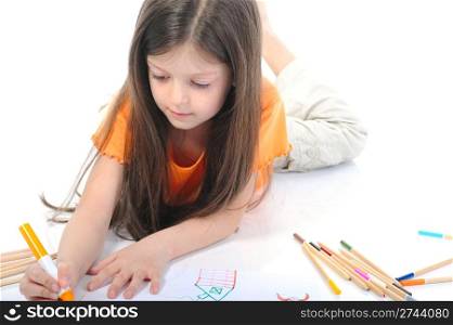 Long-haired girl draws a house. Isolated on white background
